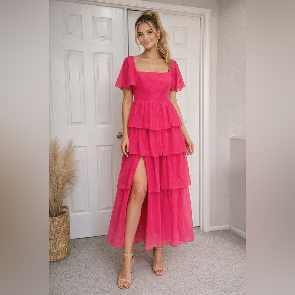 Pink Ruffled Tiered corset back high slit Maxi Dress wedding guest size 16W